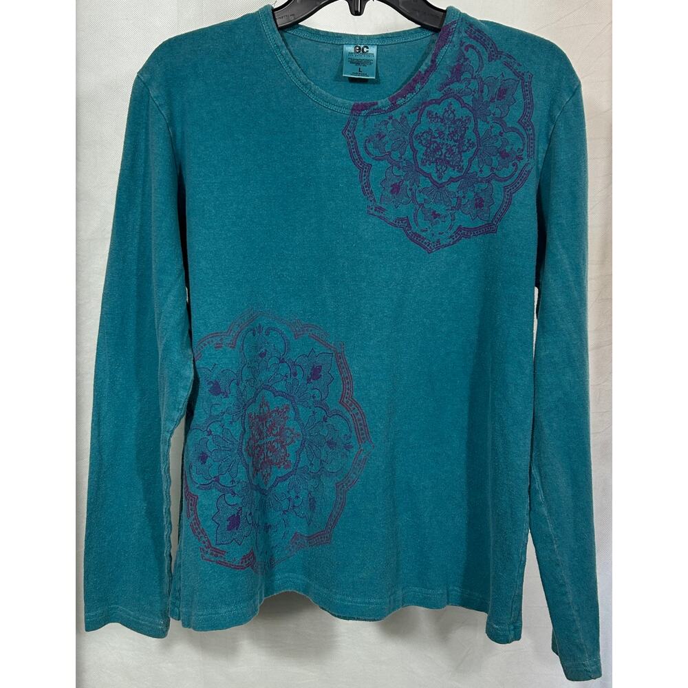 Earth Creations Hemp Organic Cotton Long Sleeve Shirt Teal Mandala Print L